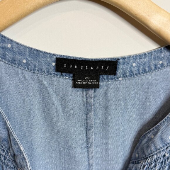 💙 Sanctuary Short Puff Sleeve Polka Dot Button-down Blouse Blue & White Size XS - Picture 3 of 7